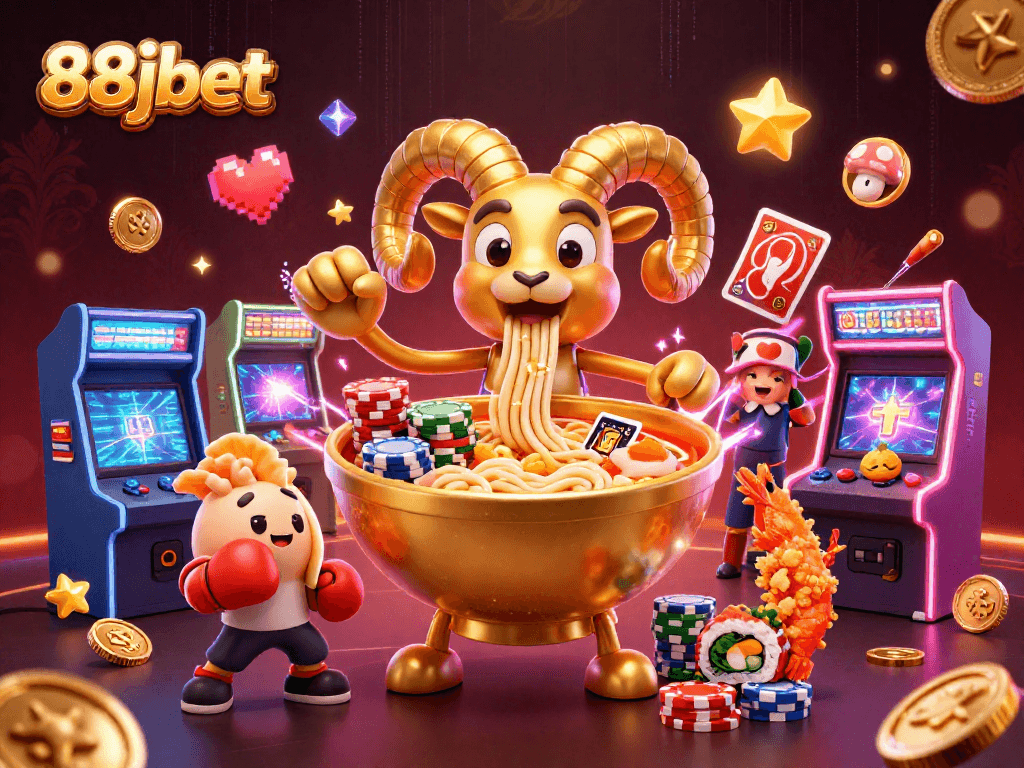 Experience the thrilling atmosphere of 88jbet with a vibrant 3D casino illustration featuring cartoon characters and game elements.
