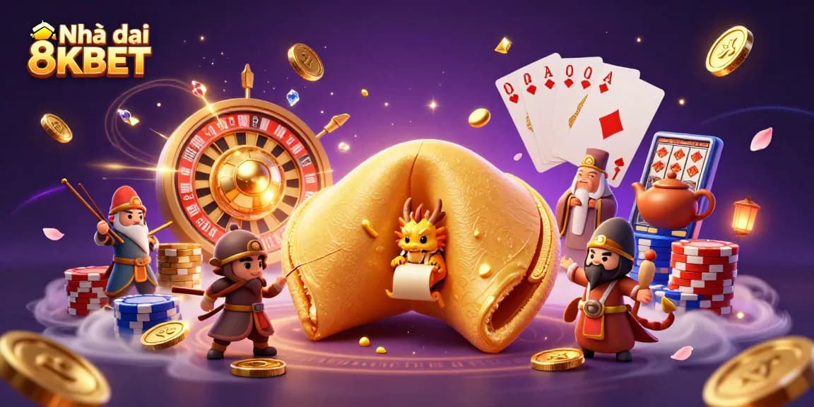 Engage with luxurious gameplay at Nhà cái 8KBET featuring fortune cookies, dragons, and dazzling casino elements.