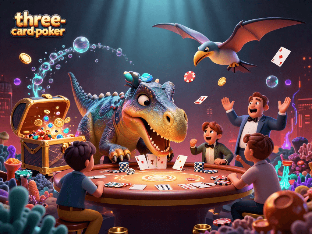 Catch the excitement in three-card-poker with a pachycephalosaurus at a golden poker table!
