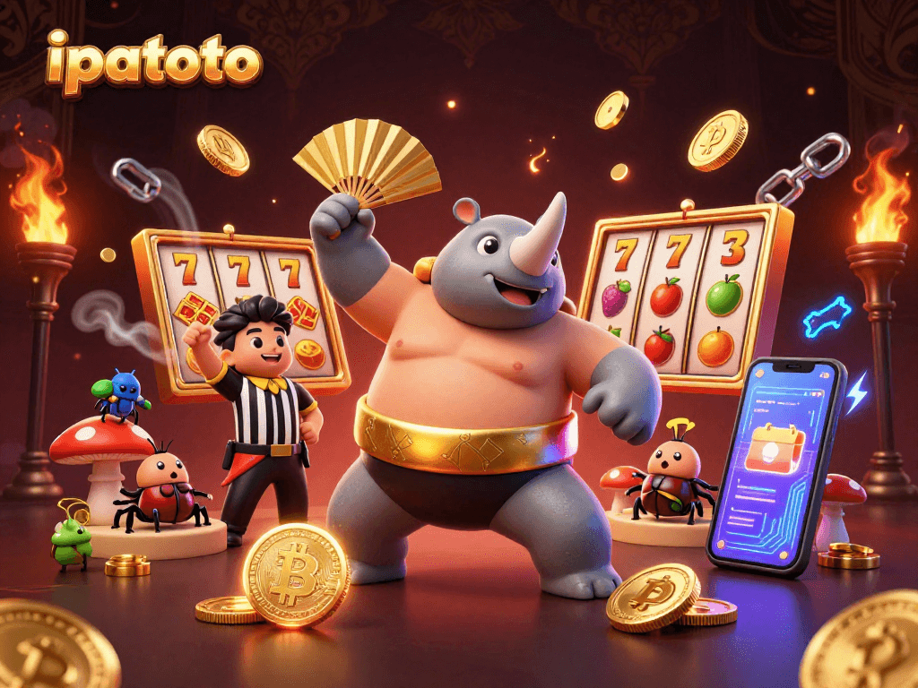 Engage with ipatoto's thrilling slot games as golden coins fly in an exciting casino scene.