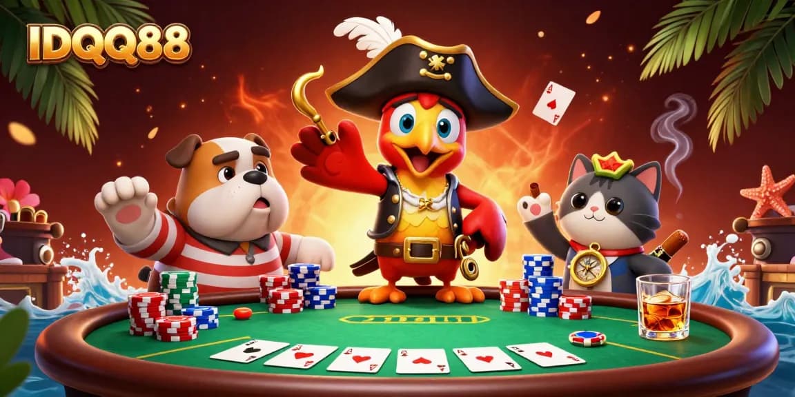 Experience thrilling poker action with IDQQ88 featuring a pirate captain, bulldog, and cat navigator.