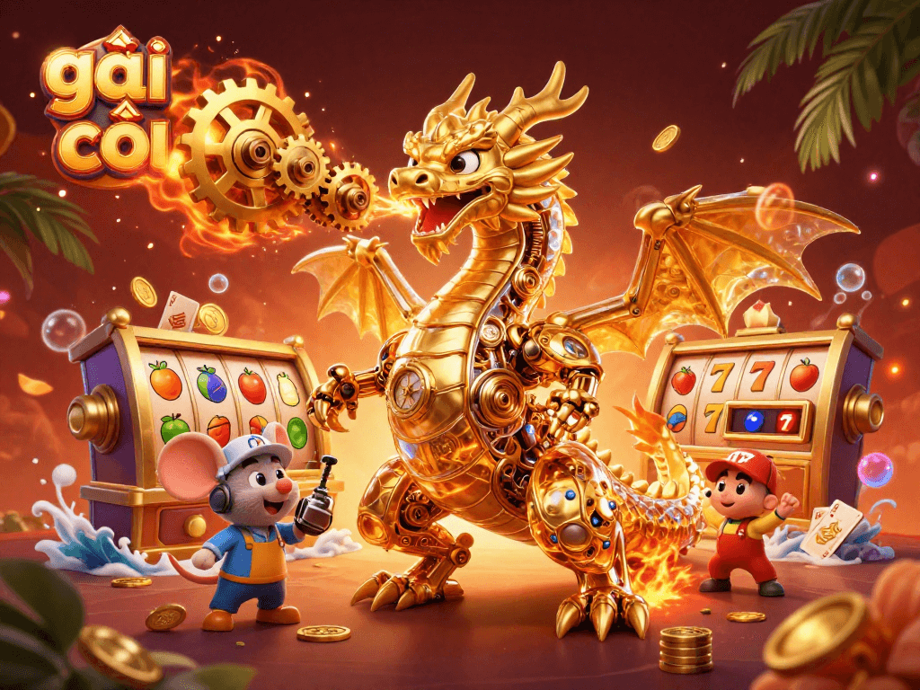 Play and win with gái gọi in a vibrant casino scene featuring slots and a golden dragon.