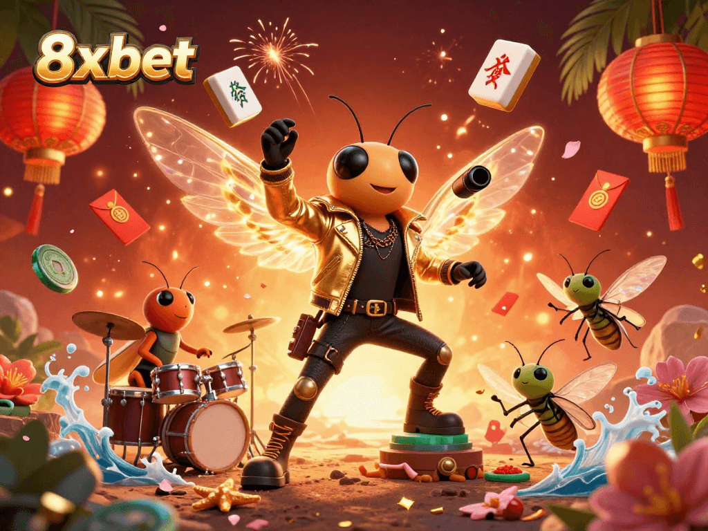8xbet brings excitement to life with a lively casino scene featuring a cicada rock star and festive elements.