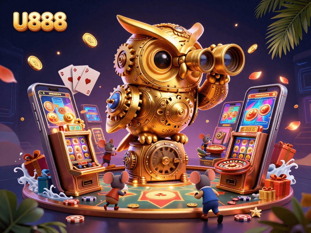 Experience thrilling U888 gaming with a golden owl observing action-filled slot machines and vibrant game elements.