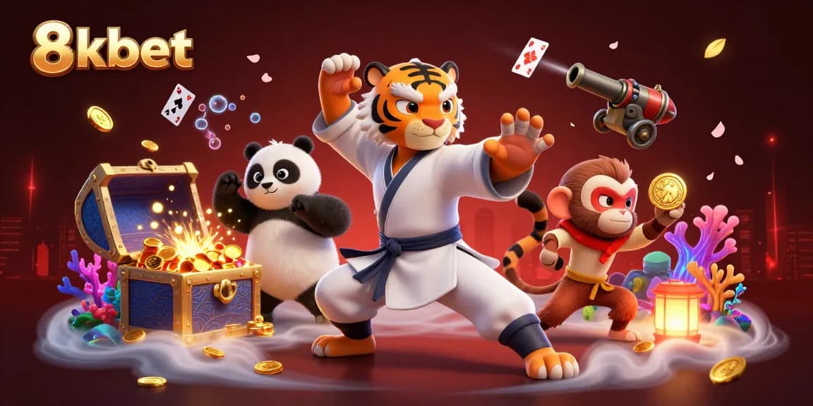 Experience the thrill of 8kbet with dynamic characters in a vibrant, colorful casino scene.