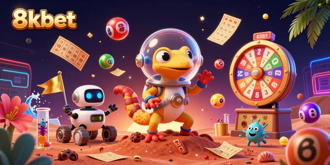 Engage with 8kbet's vibrant casino scene, featuring a Martian gecko and dynamic gaming elements.