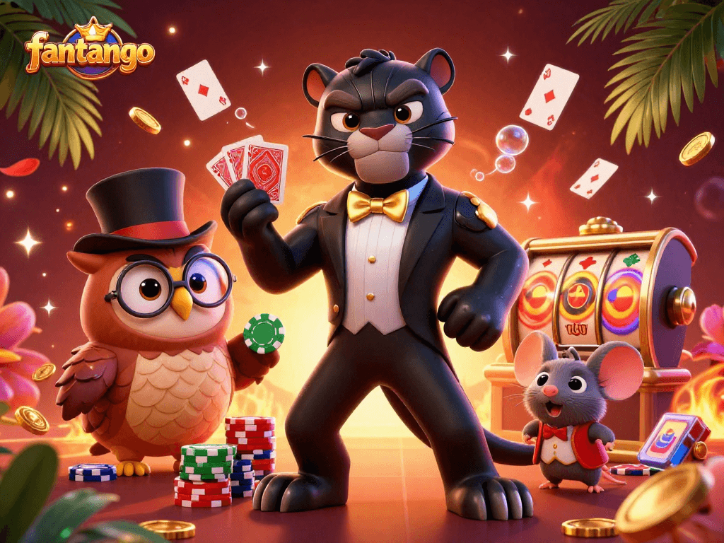 fantango showcases a stylish panther dealing cards, surrounded by floating casino elements and gold coins in a dynamic illustration.