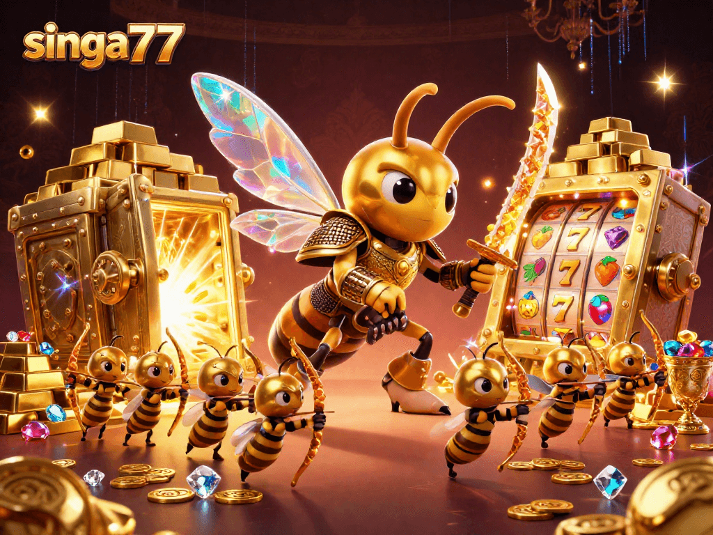Experience the excitement of singa77 with a vibrant casino-themed illustration featuring a golden hornet and treasure.