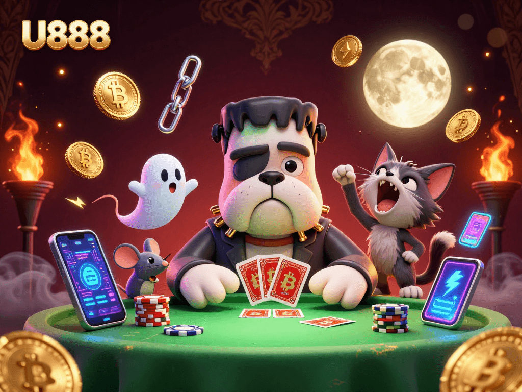 Engage with U888 at a lively casino scene featuring unique characters and dynamic gambling elements.