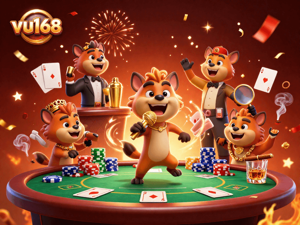 Experience the vibrant atmosphere of vu168's casino with hyena characters engaging in lively gaming.
