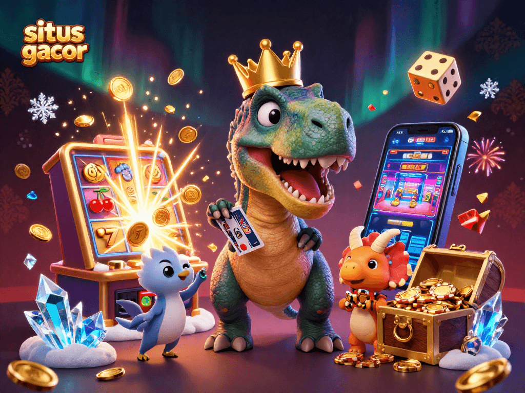 Mainan situs gacor dengan T-Rex mencoba menggocok kartu, pterodactyl membantu, dan triceratops menumpuk chip emas.