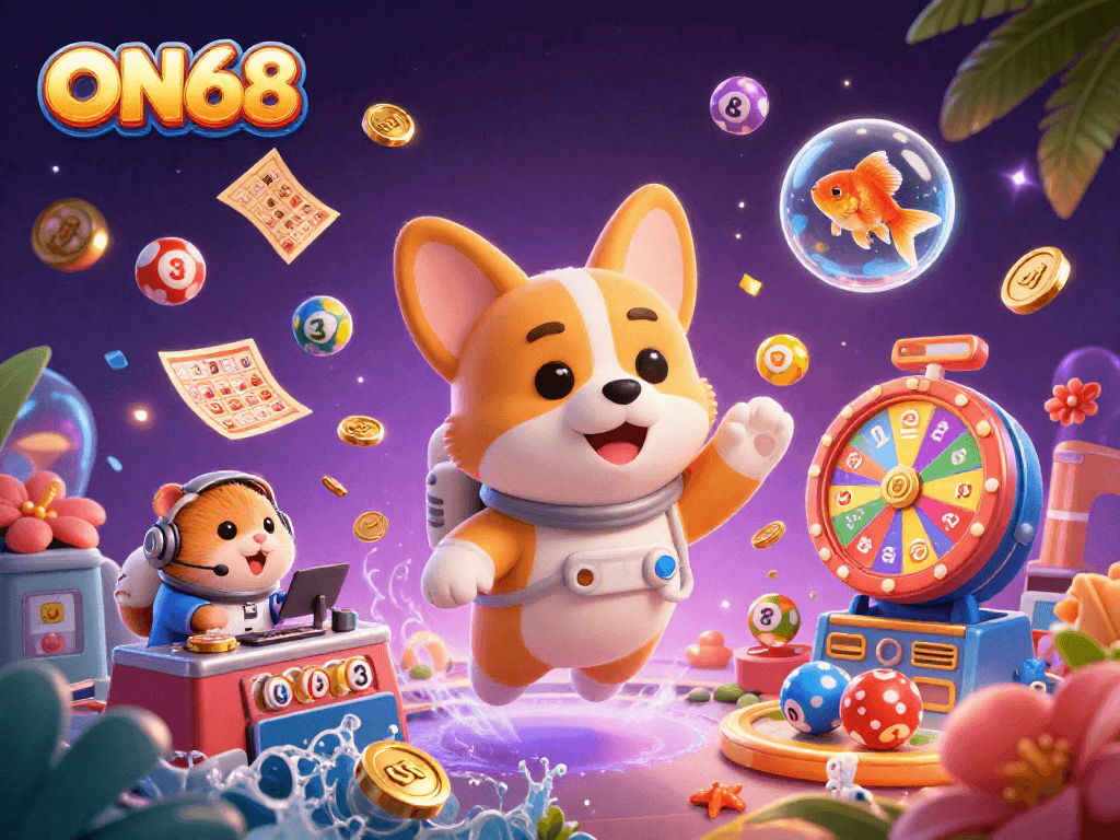 Experience exhilarating gaming with ON68, featuring an astronaut corgi in a dynamic casino scene.