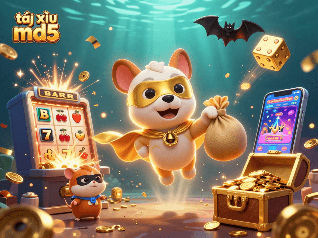 Engage with tài xỉu md5 through an exciting 3D illustration of a superhero dog and hamster amid a vibrant casino scene.