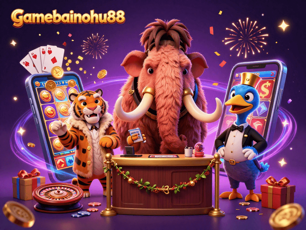 Win big with gamebainohu88 while enjoying a vibrant casino scene featuring fun characters.