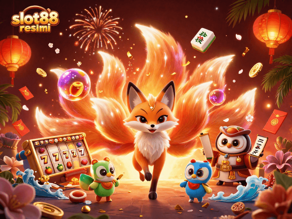 Experience thrilling wins with slot88 resmi in this captivating casino scene featuring a colorful nine-tailed fox.