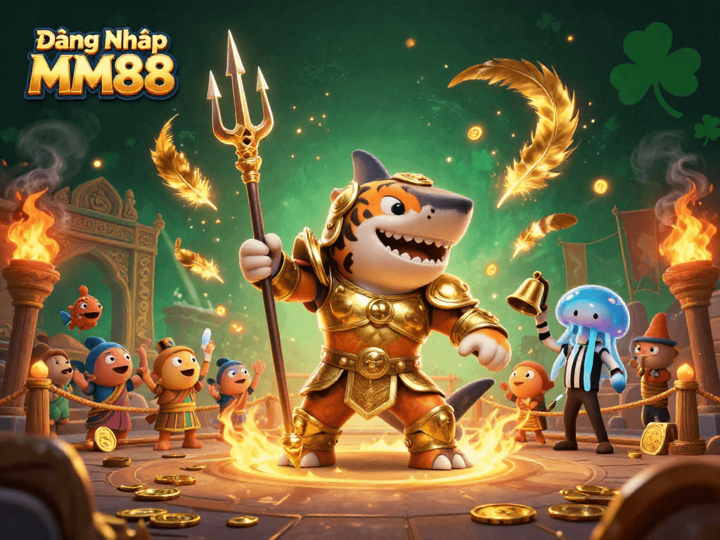 Engage with Đăng Nhập MM88 at this vibrant underwater casino scene featuring a tiger shark.