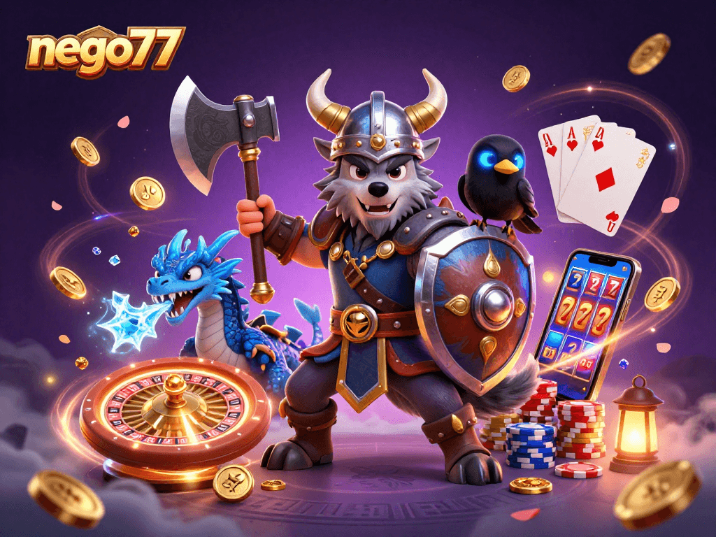 Experience the thrills of NEGO77 casino gaming with vibrant elements and dynamic characters.