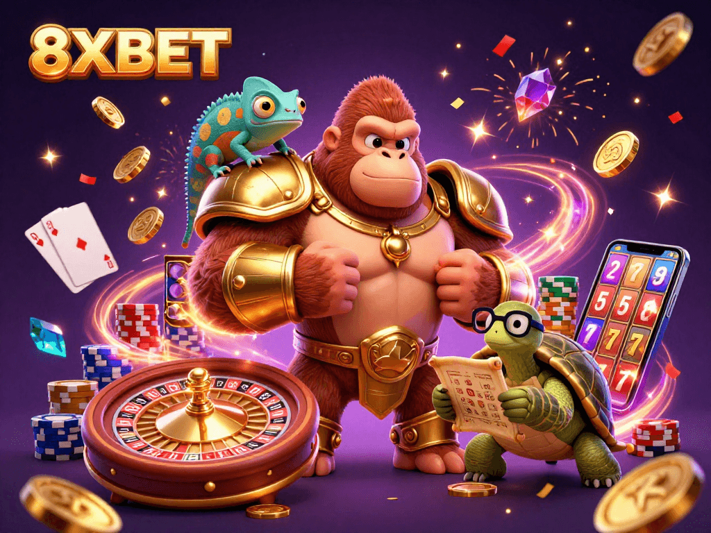 Experience excitement at 8XBET with vibrant casino characters amidst cascading coins and gaming elements.