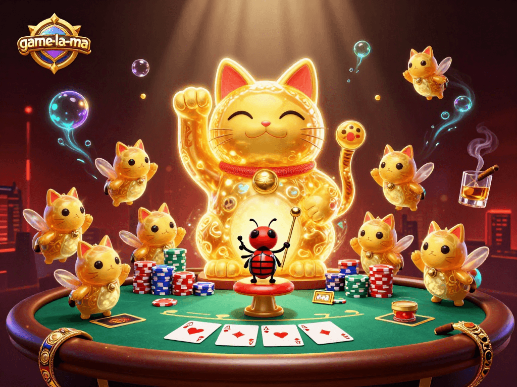 Play with game-la-ma's vibrant casino scene featuring a lucky cat and poker elements.