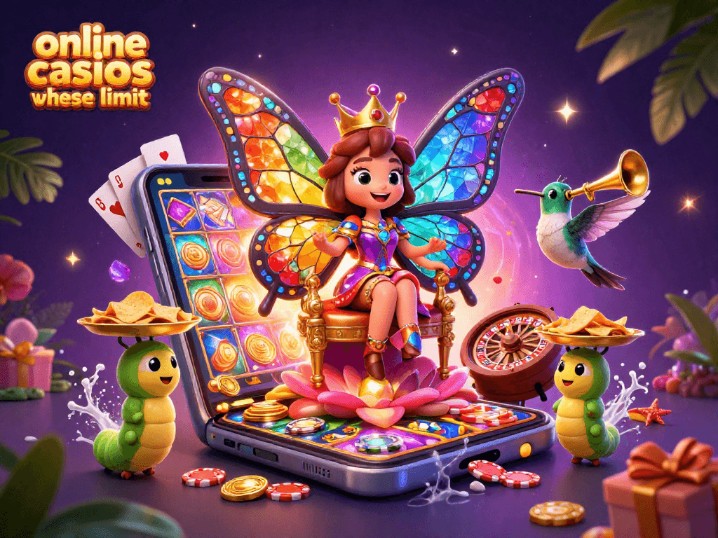 Experience thrilling gameplay in online casinos ohne limit with vibrant, festive illustrations of a butterfly queen and gaming elements.