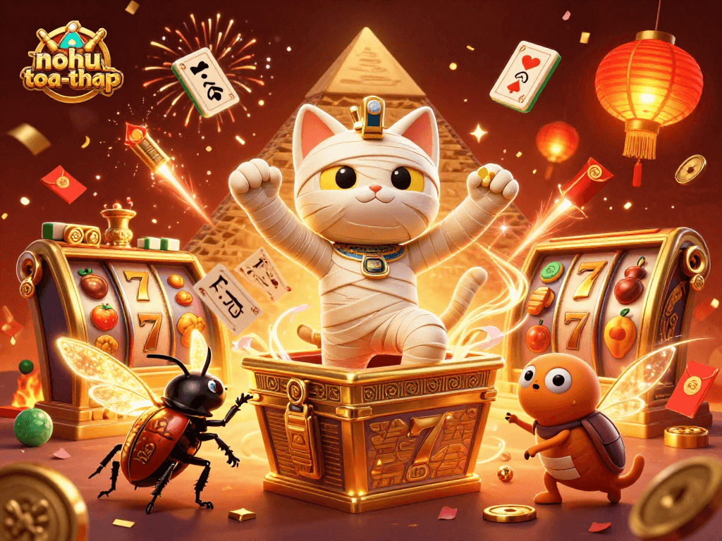 The nohu-toa-thap game's thrilling action showcases a mummy cat emerging from a golden sarcophagus, surrounded by exciting slot reels and vibrant casino elements.