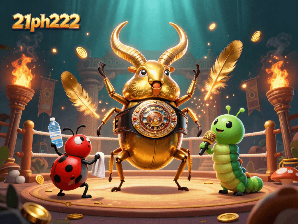 Engage with 21ph222 as the giant stag beetle and friends battle in this vibrant 3D casino scene.