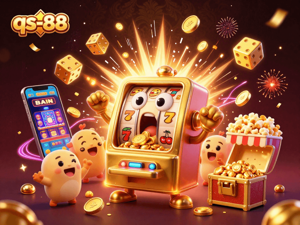 Experience the excitement of qs-88 slots, as the golden machine hits a jackpot, showering coins!
