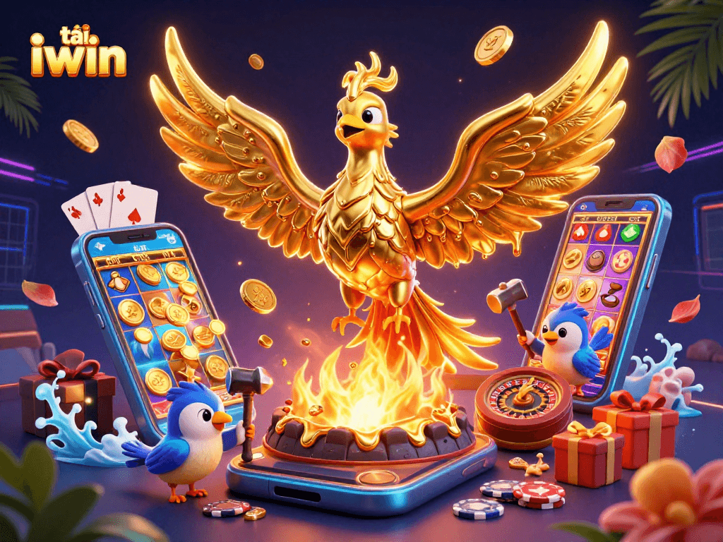 Engage in the thrilling action of tải iwin with a dynamic illustration of a golden phoenix and casino elements.