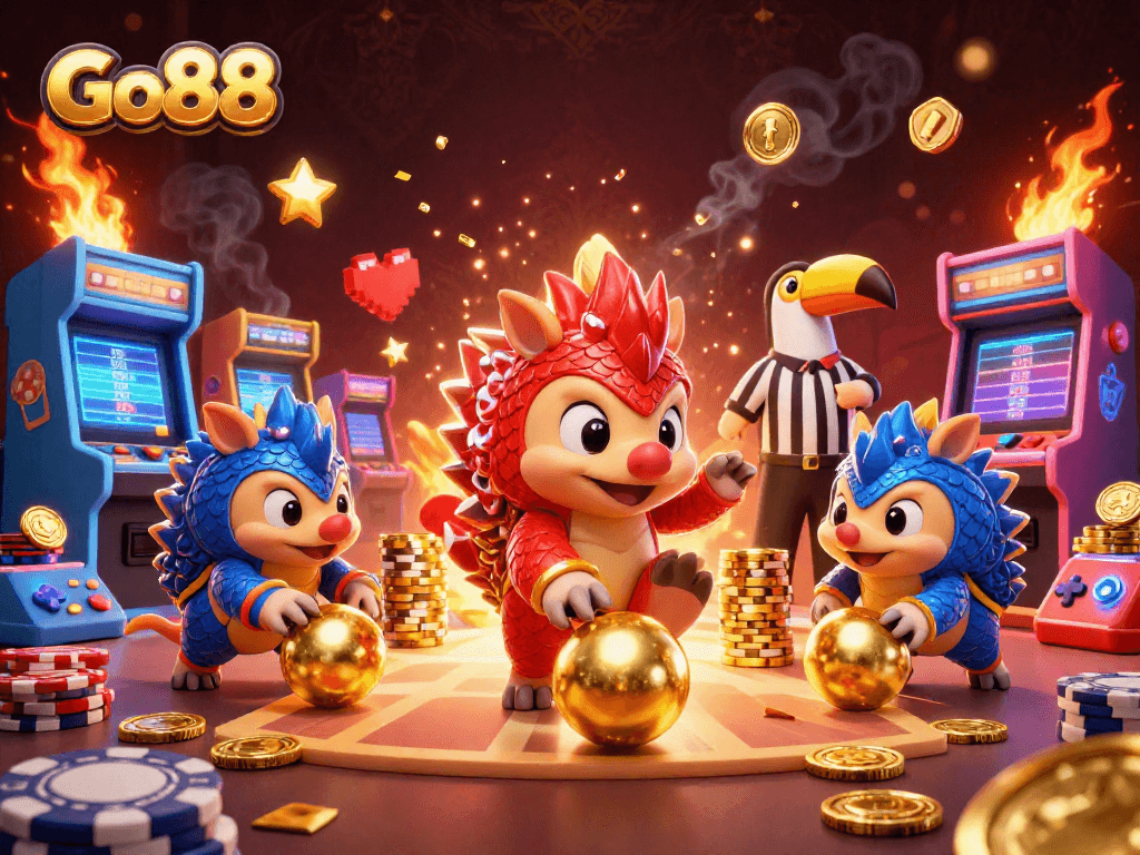 Go88 casino action-packed scene with rival pangolins bowling poker chips while gaming.