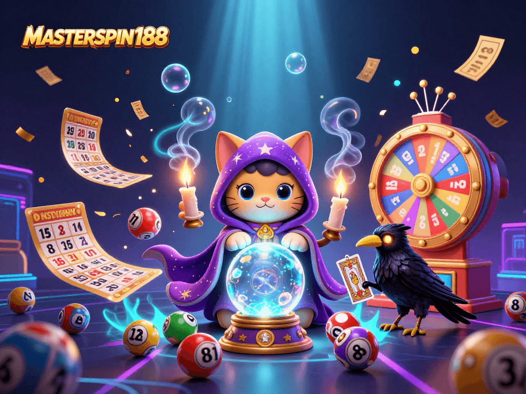 Engage with the magical allure of MASTERSPIN188 through vibrant lottery elements and fortune teller characters.