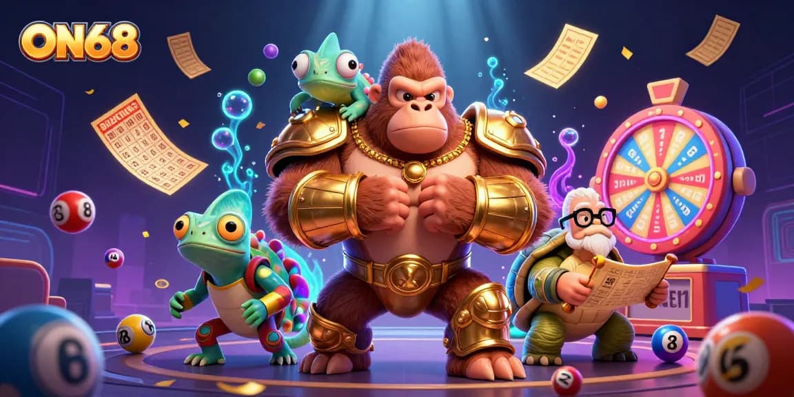 Experience ON68 with powerful gaming characters, colorful lottery elements, and vibrant casino excitement.
