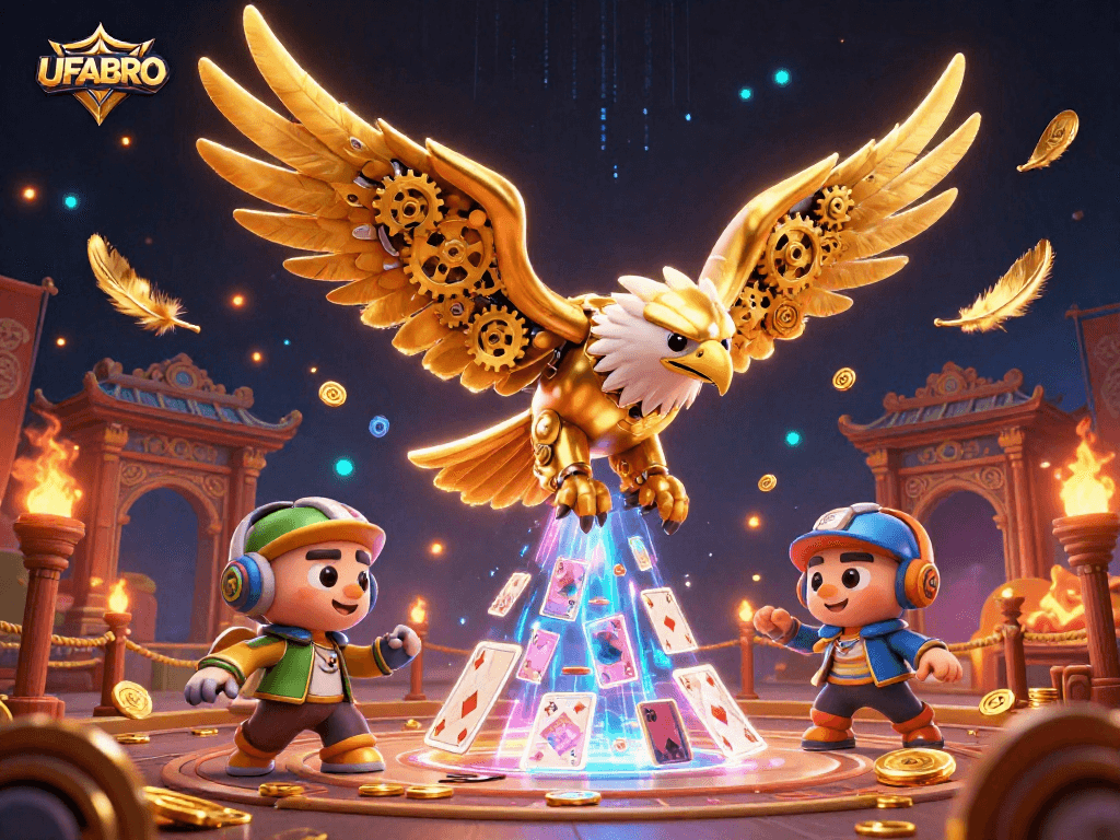 Experience thrilling betting action with UFABRO as a cybernetic eagle dives through cards.