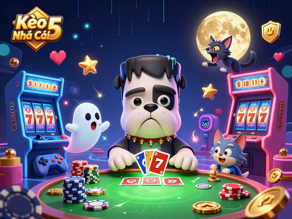 Kèo Nhà Cái 5 showcases a 3D cartoon Frankenstein bulldog dealer with vibrant casino elements.