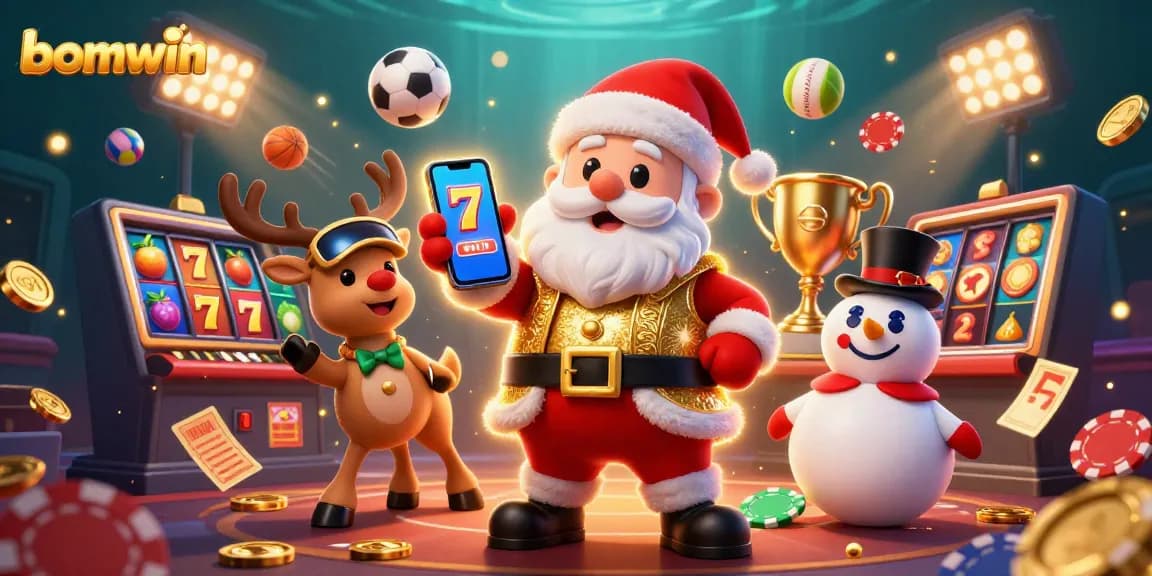 Play innovative slots with bomwin's festive characters in this vibrant 3D casino scene.