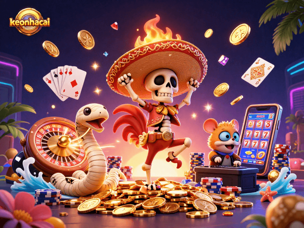 Engage with keonhacai's vibrant casino scene featuring a skeleton mariachi rooster, mummy snake, and zombie DJ.