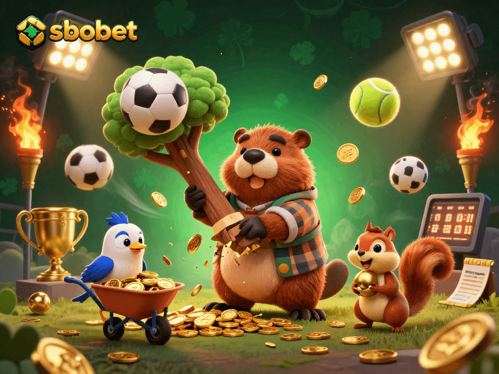 SboBet betting scene with cartoon characters celebrating as coins rain down from a tree.