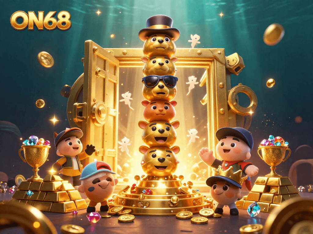 Engage with ON68's golden totem pole in a vibrant 3D casino illustration amid riches.