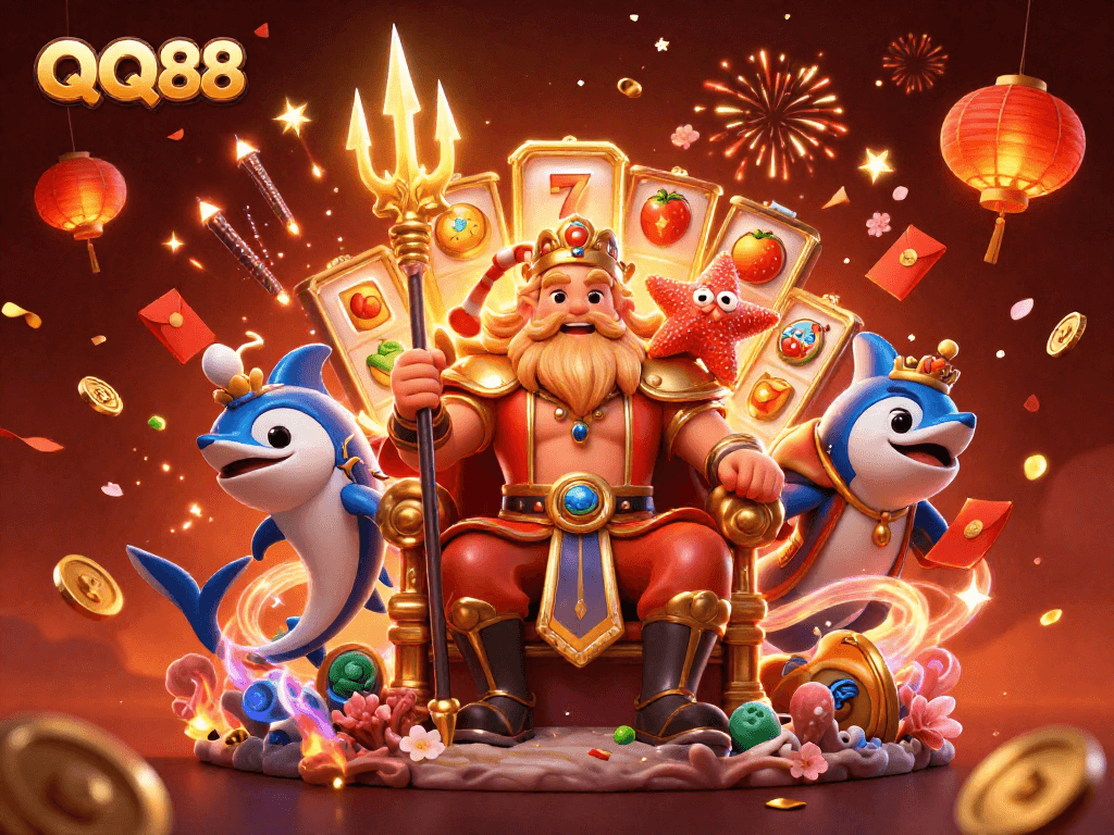 Engage with QQ88 by playing thrilling slot games, surrounded by festive casino elements.