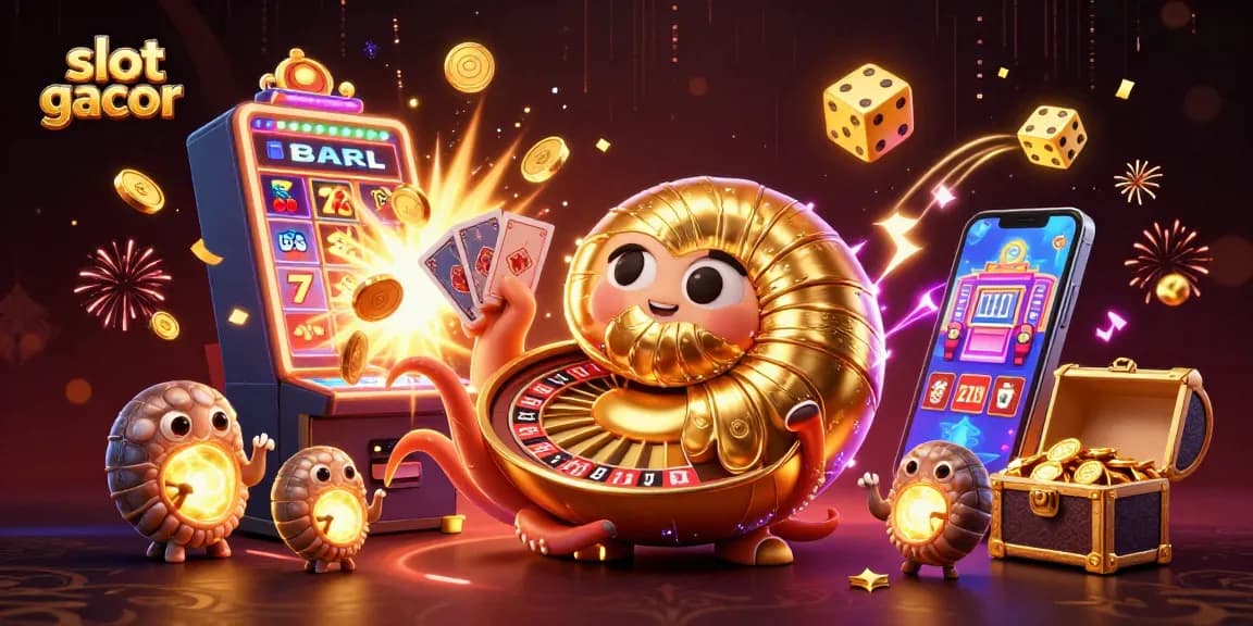 Experience slot gacor excitement with vibrant 3D elements like jackpots and golden dice in this dynamic illustration.