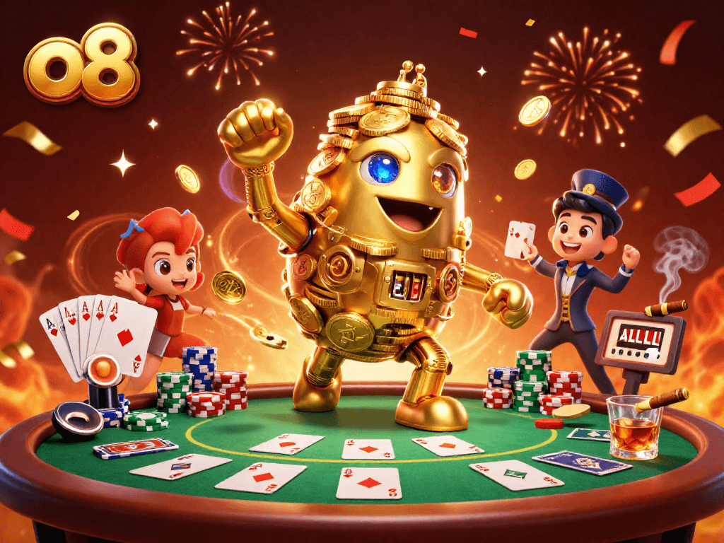 Engage with o8's exciting 3D casino scene featuring a dazzling golden golem and poker elements.