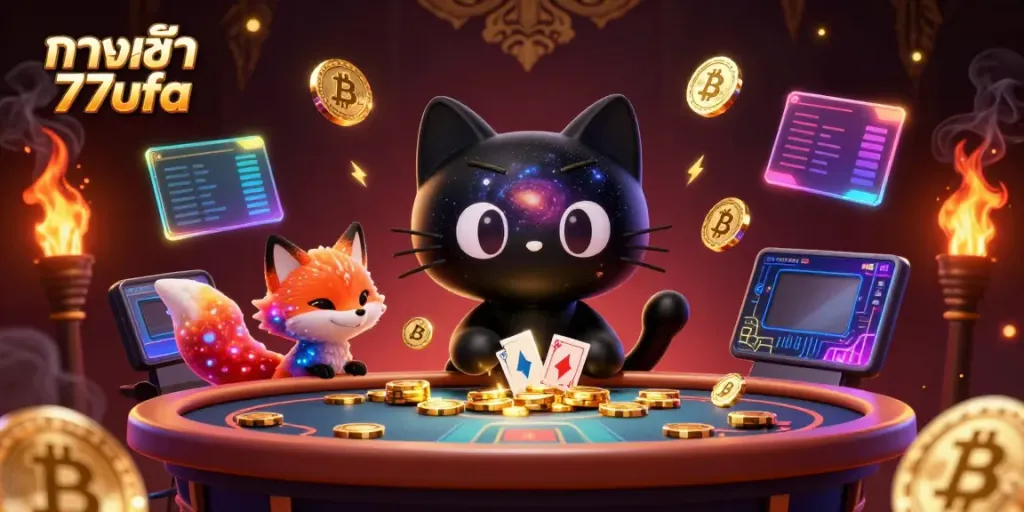 Engage with the cosmic fun of ทางเข้า 77ufa at this vibrant 3D illustration showcasing casino excitement and digital currency.