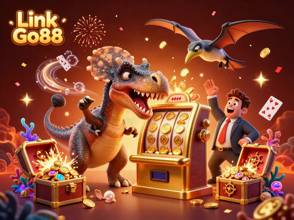 Celebrate a jackpot win at Link Go88 with vibrant 3D illustration of a dinosaur-themed casino scene.