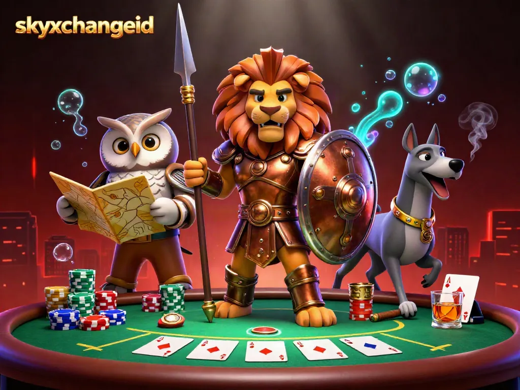 Sky Exchange ID action scene with a Spartan lion, tactical owl, and greyhound amid vibrant poker elements.