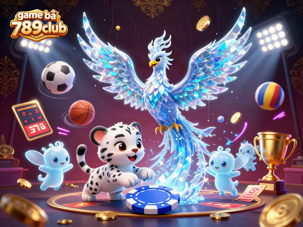 Engage with the vibrant game bài 789club scene, featuring an ice phoenix, playful snow leopard cub, and lively elements.