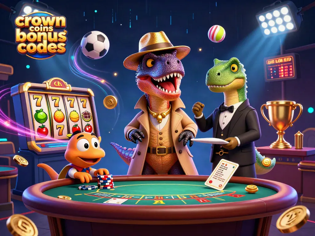 Crown coins bonus codes spark excitement as characters engage at a blackjack table surrounded by dynamic gaming elements.