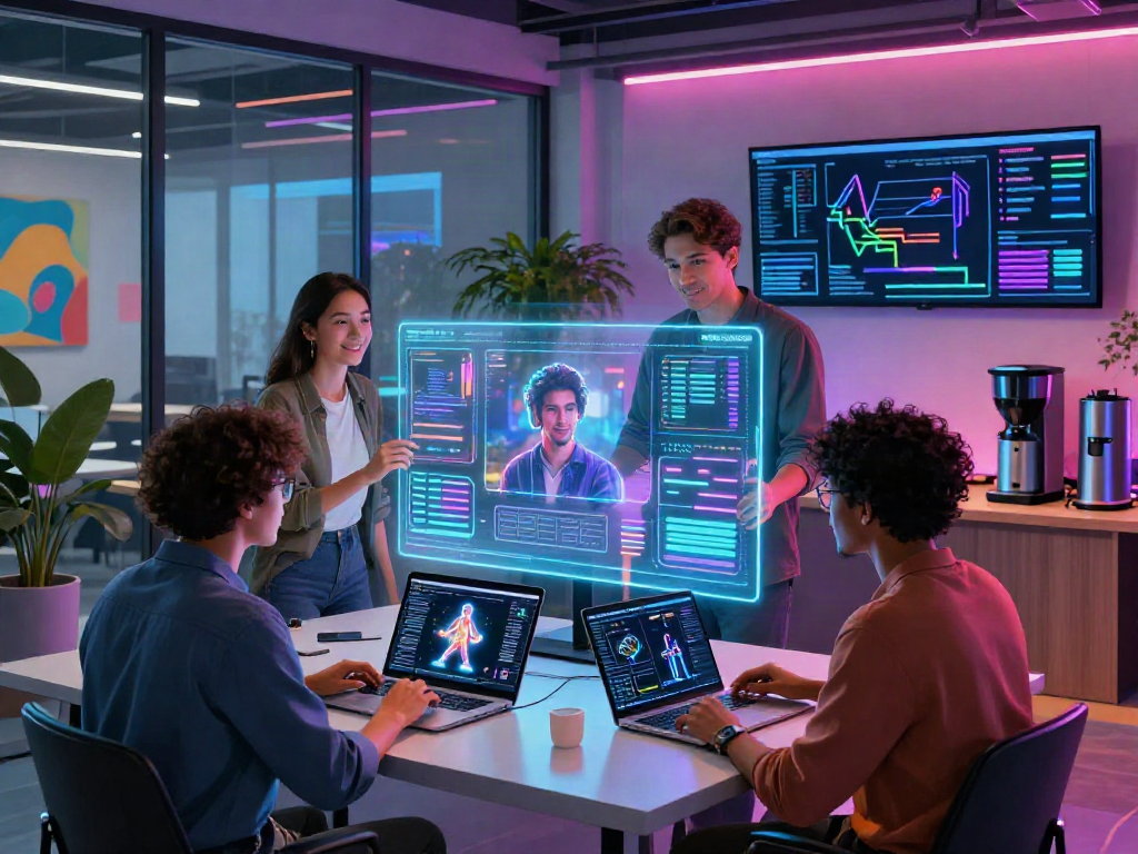 A creative team utilizing a porn ai generator within a modern workspace showcasing collaboration and AI technology, focused on dynamic visual data.