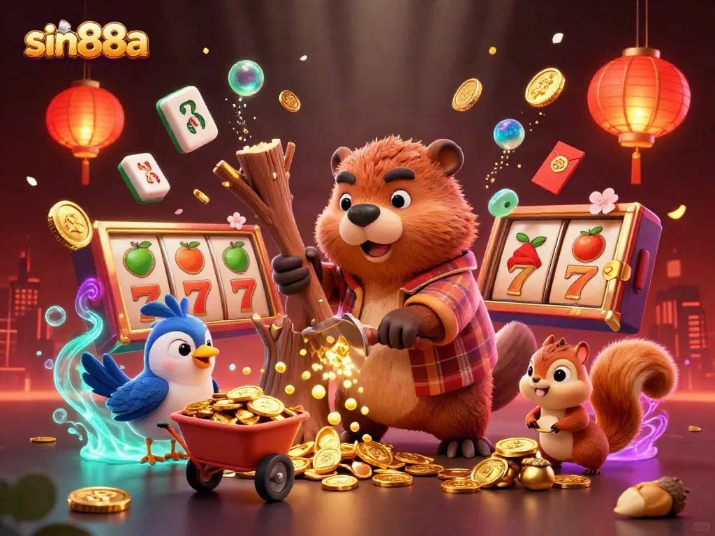 Illustration of a beaver and bird earning coins in a vibrant casino scene promoting sin88a.