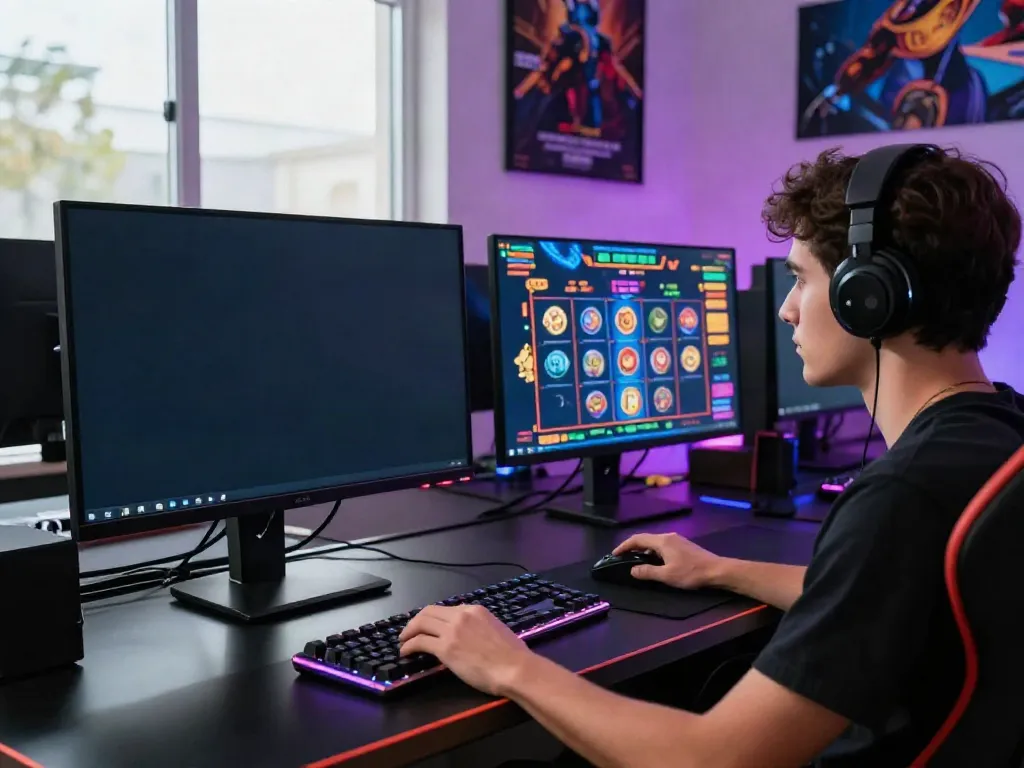 A gamer engaging with akunjp online slot games at an immersive gaming setup.