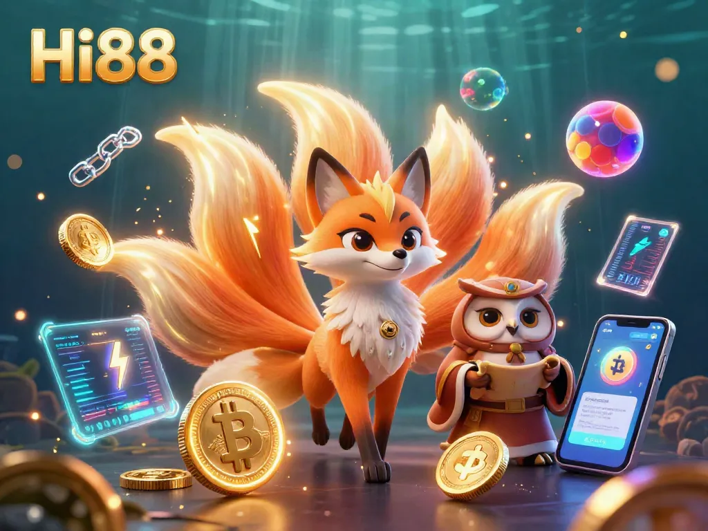 Engage with Hi88's dynamic casino atmosphere featuring glowing characters and digital treasures.