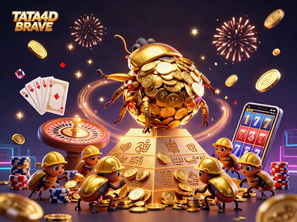 TATA4D BRAVE showcases a lively illustration of a golden dung beetle and casino elements in a vibrant gaming scene.